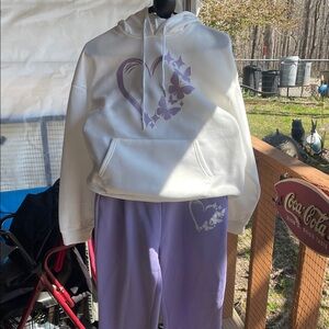 White and Purple Heart Hoodie and Sweatpants Set